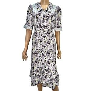 NWT Vintage Retro Style Purple Midi Dress Floral Tie Back Size SML